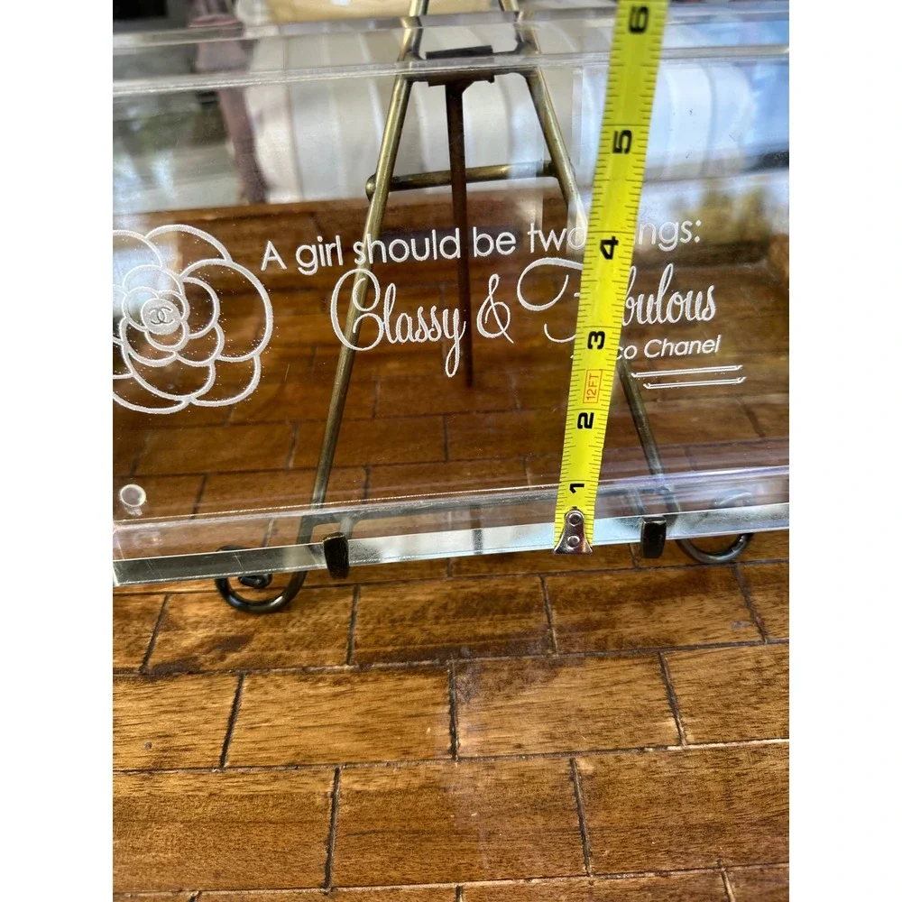 Hotel Balfour Coco Chanel Quote Acrylic Vanity Tray etched Clear lucite VGUC